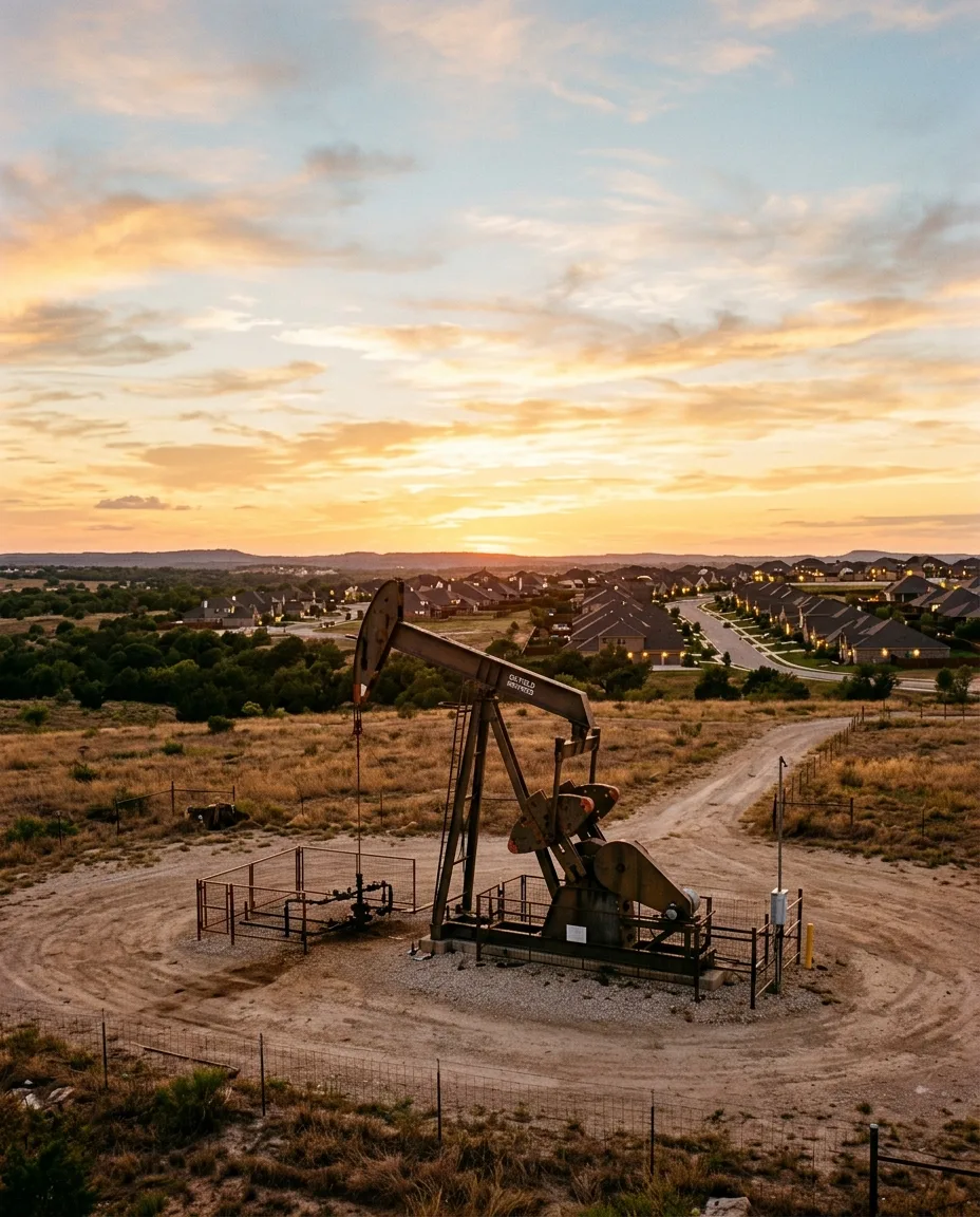 Texas oil pumpjack at golden hour with suburban homes in the distance