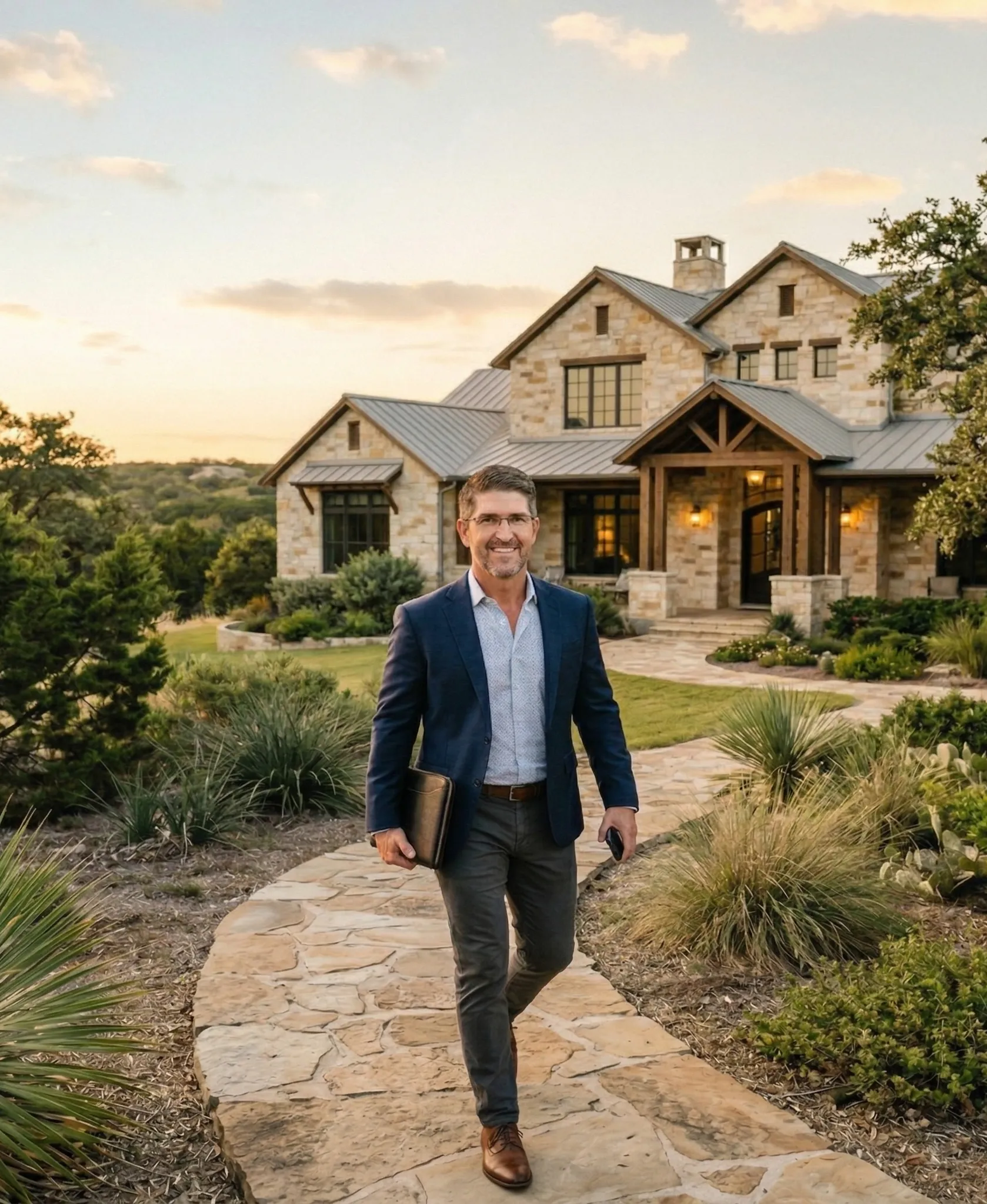 Real estate agent approaching a luxury Hill Country home