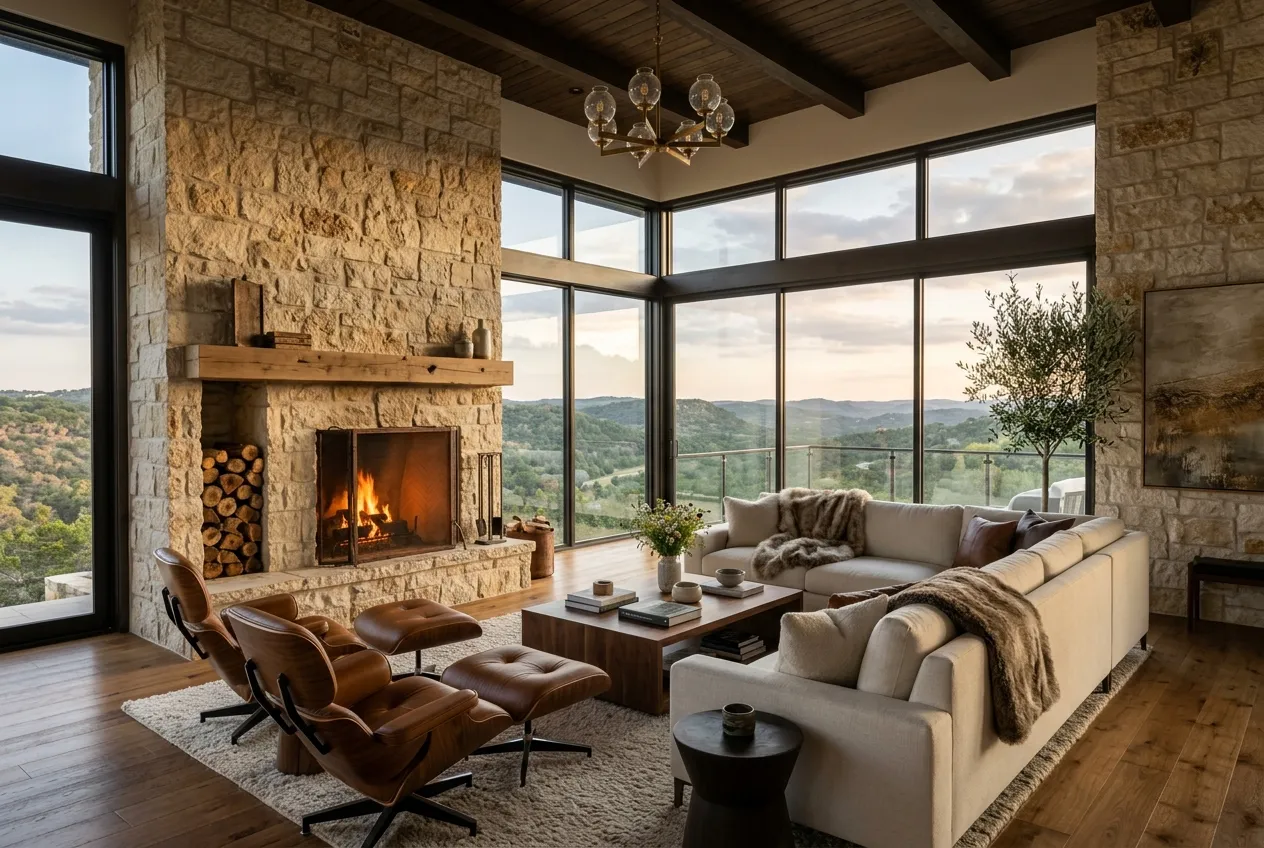 Luxury living room with Hill Country views
